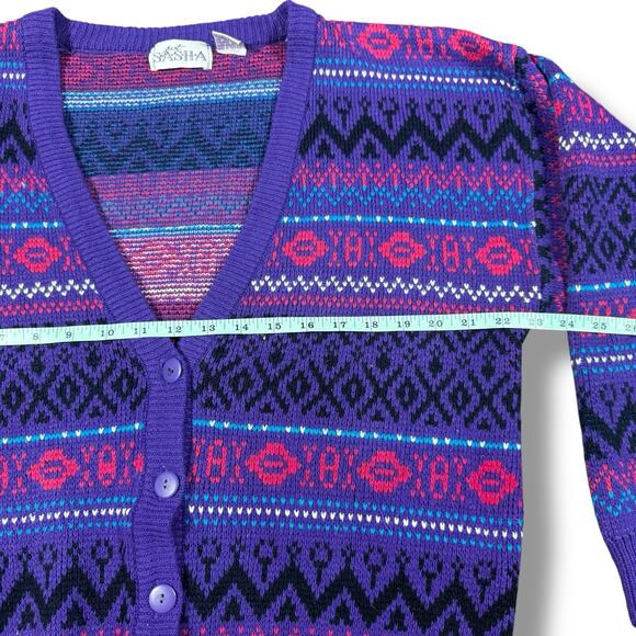 Vintage Just Sasha Geometric Purple Crop Cardigan Sweater Women’s M Boxy 80s 90s - Picture 5 of 6